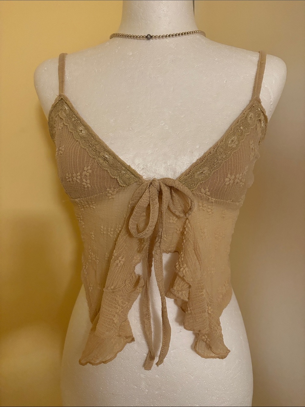 Sheer Lace Tie-Front Chemise Top in Tan